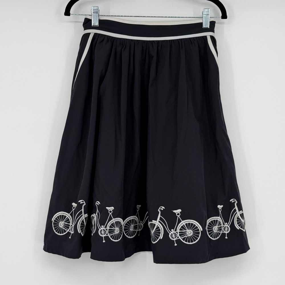 Comme Toi Black Bicycle Embroidered A-Line Skirt Small Novelty Retro Mod